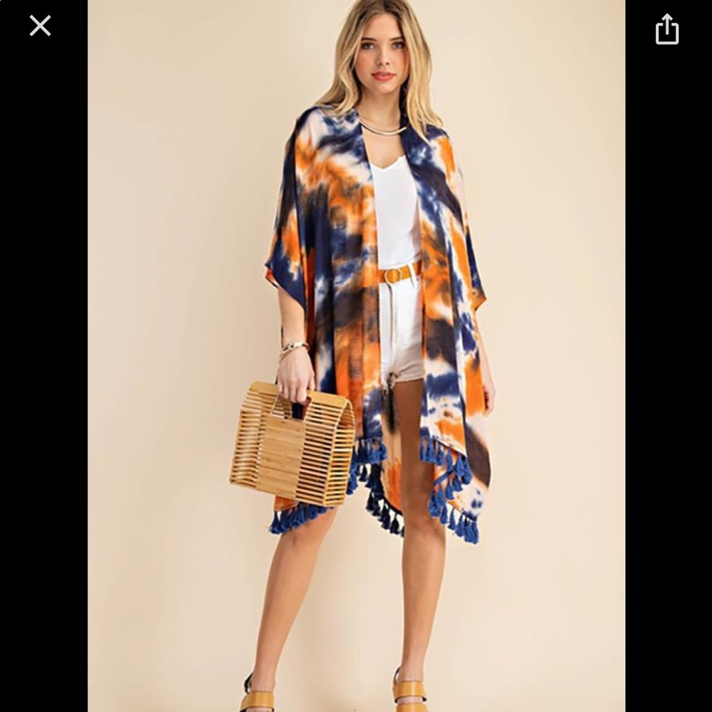 Kori Tie Dye Tassel Hem Kimono, orange mix